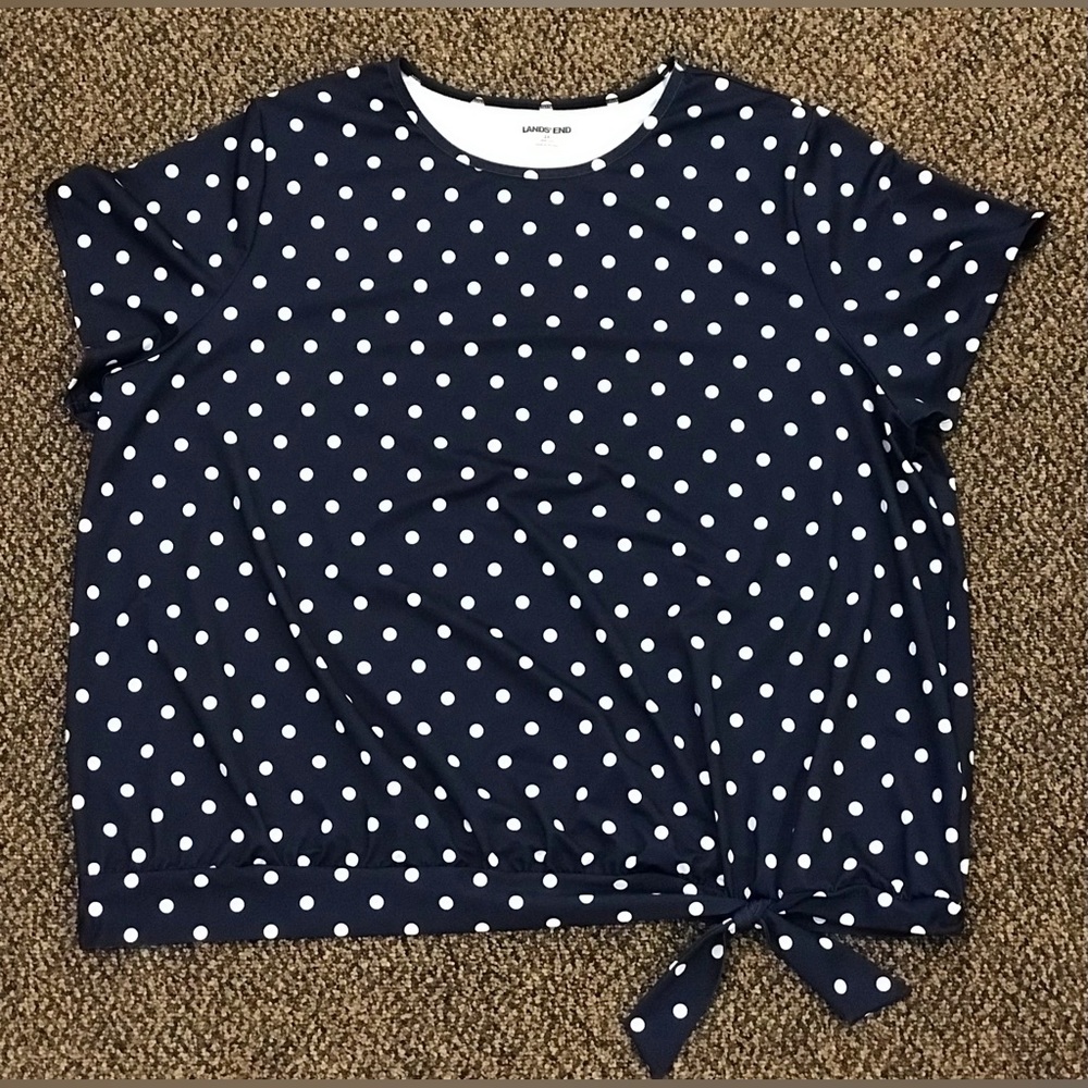LANDS END 2X Quick Dry Stretch Tie Navy Blue Polka Dot Top Blouse T Shirt 20W 22